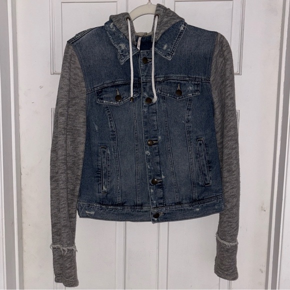 Free People Blue Denim Distressed Jacket with Gray Sleeves and hood - Picture 3 of 7